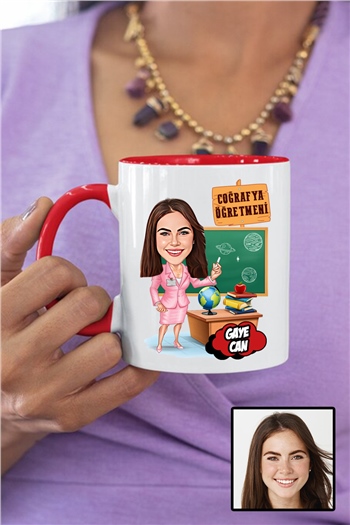 Kadın Coğrafya Öğretmenine Özel Hediye Karikatürlü İçi Renkli Kupa Bardak