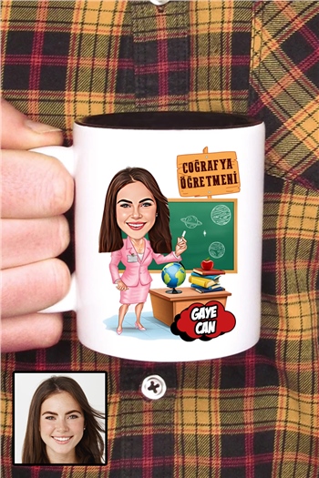 Kadın Coğrafya Öğretmenine Özel Hediye Karikatürlü İçi Renkli Kupa Bardak