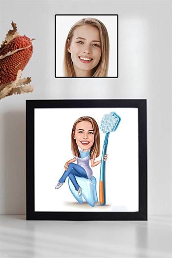 Kadın Diş Hekimlerine Hediye Karikatürlü Kare Çerçeve