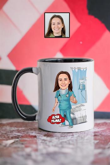 Kadın Doktora Hediye Karikatürlü Kişiye Özel Kupa Bardak