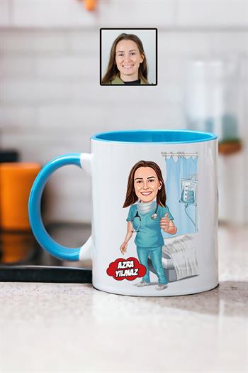 Kadın Doktora Hediye Karikatürlü Kişiye Özel Kupa Bardak