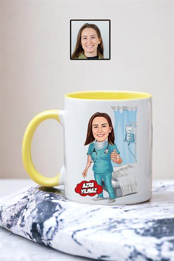Kadın Doktora Hediye Karikatürlü Kişiye Özel Kupa Bardak
