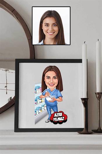 Kadın Eczacıya Hediye Karikatürlü Kare Çerçeve