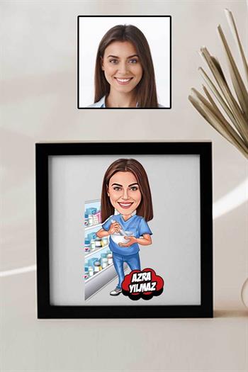 Kadın Eczacıya Hediye Karikatürlü Kare Çerçeve