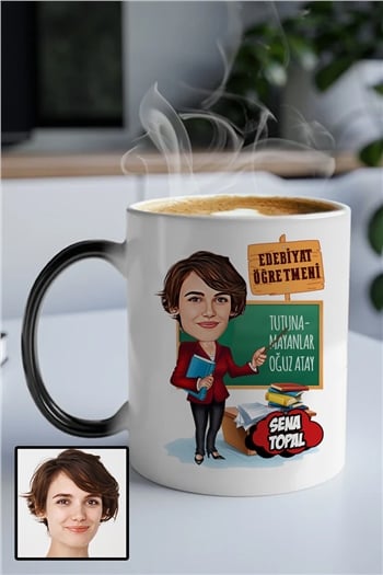 Kadın Edebiyat Öğretmenine Kişiye Özel Hediye Karikatürlü Sihirli Kupa Bardak