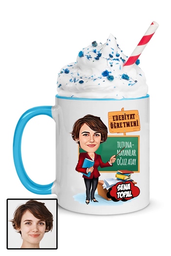 Kadın Edebiyat Öğretmenine Özel Hediye Karikatürlü İçi Renkli Kupa Bardak