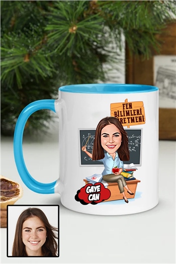 Kadın Fen Bilimleri Öğretmenine Özel Hediye Karikatürlü İçi Renkli Kupa Bardak