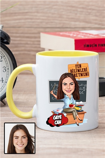 Kadın Fen Bilimleri Öğretmenine Özel Hediye Karikatürlü İçi Renkli Kupa Bardak