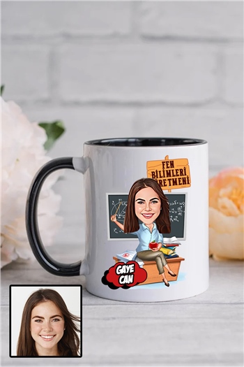 Kadın Fen Bilimleri Öğretmenine Özel Hediye Karikatürlü İçi Renkli Kupa Bardak