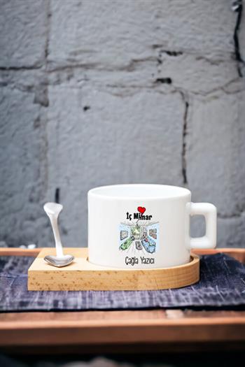 Kadın İç Mimara Hediye Kalp Kaşıklı Ahşap Altlıklı Fincan