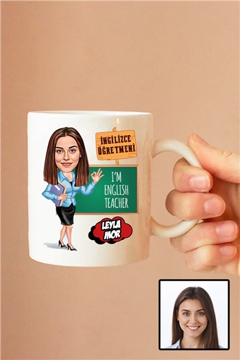 Kadın İngilizce Öğretmenine Hediye Karikatürlü Beyaz Kupa Bardak