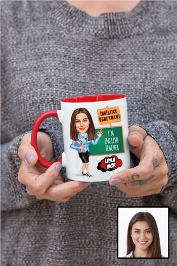 Kadın İngilizce Öğretmenine Özel Hediye Karikatürlü İçi Renkli Kupa Bardak