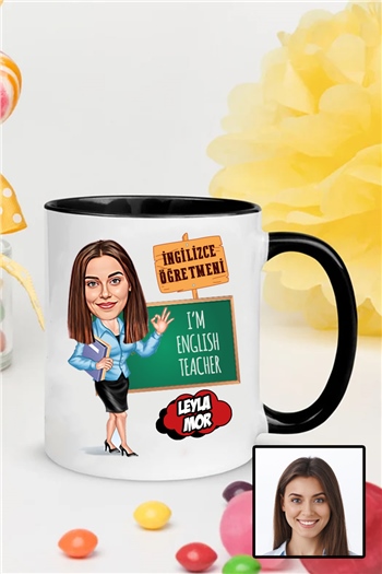 Kadın İngilizce Öğretmenine Özel Hediye Karikatürlü İçi Renkli Kupa Bardak