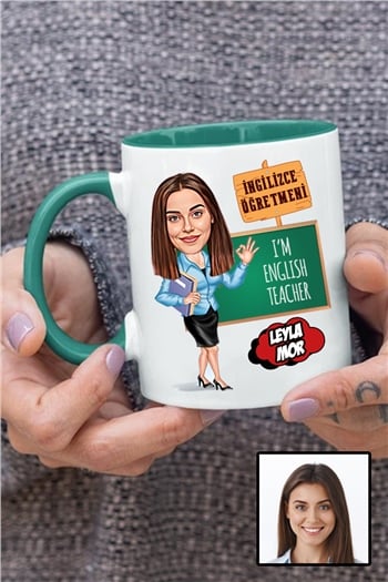 Kadın İngilizce Öğretmenine Özel Hediye Karikatürlü İçi Renkli Kupa Bardak