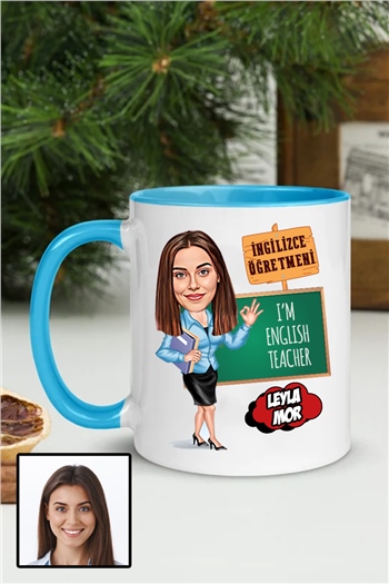 Kadın İngilizce Öğretmenine Özel Hediye Karikatürlü İçi Renkli Kupa Bardak