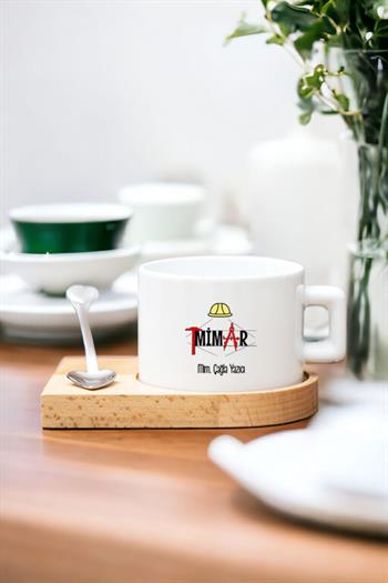 Kadın Mimarlara Hediye Kalp Kaşıklı Ahşap Altlıklı Fincan