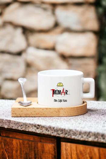 Kadın Mimarlara Hediye Kalp Kaşıklı Ahşap Altlıklı Fincan