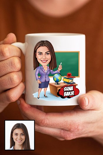 Kadın Öğretmene Hediye Karikatürlü Beyaz Kupa Bardak