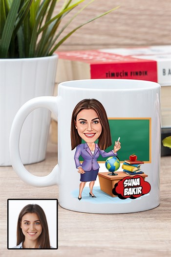 Kadın Öğretmene Hediye Karikatürlü Beyaz Kupa Bardak