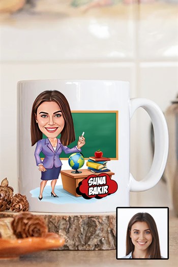 Kadın Öğretmene Hediye Karikatürlü Beyaz Kupa Bardak