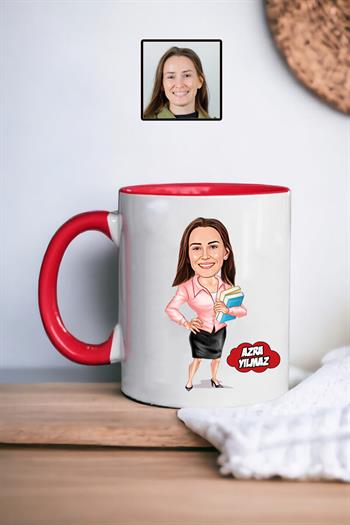 Kadın Öğretmene Hediye Kişiye Özel Karikatürlü Kupa Bardak