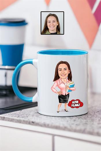 Kadın Öğretmene Hediye Kişiye Özel Karikatürlü Kupa Bardak