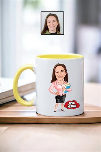 Kadın Öğretmene Hediye Kişiye Özel Karikatürlü Kupa Bardak