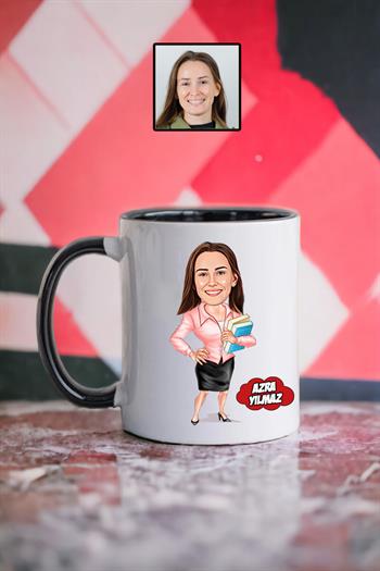 Kadın Öğretmene Hediye Kişiye Özel Karikatürlü Kupa Bardak