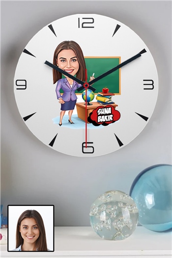 Kadın Öğretmene Kişiye Özel Hediye Karikatürlü Duvar Saati
