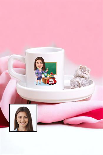 Kadın Öğretmene Özel Hediye Karikatürlü Concept Türk Kahvesi Fincanı