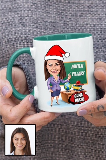 Kadın Öğretmene Yılbaşı Hediyesi Karikatürlü İçi Renkli Kupa Bardak
