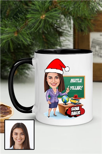 Kadın Öğretmene Yılbaşı Hediyesi Karikatürlü İçi Renkli Kupa Bardak