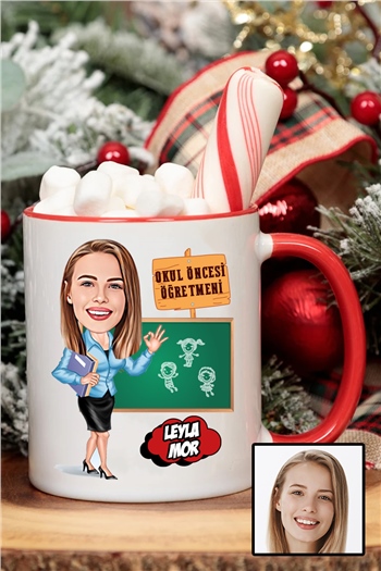 Kadın Okul Öncesi Öğretmenine Özel Hediye Karikatürlü İçi Renkli Kupa Bardak