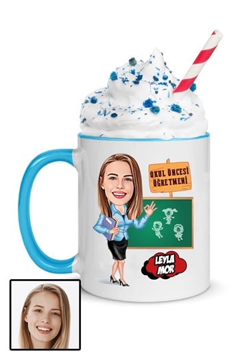 Kadın Okul Öncesi Öğretmenine Özel Hediye Karikatürlü İçi Renkli Kupa Bardak
