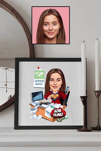 Kadın Patrona Hediye Karikatürlü Kare Çerçeve