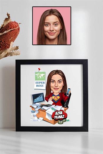 Kadın Patrona Hediye Karikatürlü Kare Çerçeve