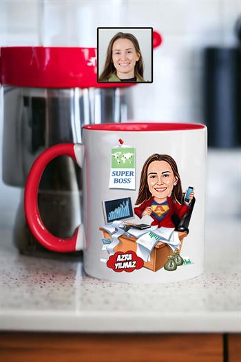 Kadın Patrona Hediye Karikatürlü Kişiye Özel Kupa Bardak