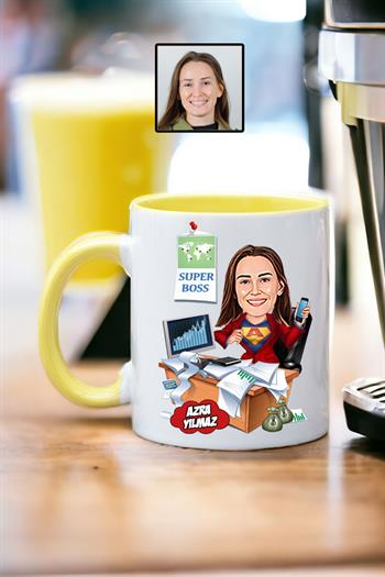 Kadın Patrona Hediye Karikatürlü Kişiye Özel Kupa Bardak