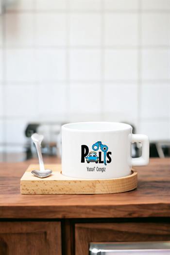 Kadın Polise Hediye Kalp Kaşıklı Ahşap Altlıklı Fincan