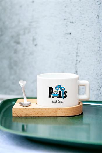 Kadın Polise Hediye Kalp Kaşıklı Ahşap Altlıklı Fincan