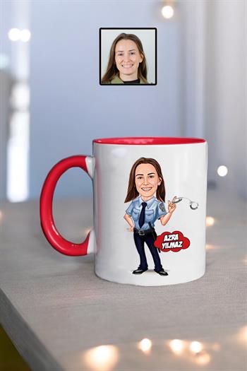 Kadın Polise Hediye Kişiye Özel Karikatürlü Kupa Bardak