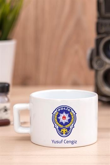 Kadın Polise Hediye Logolu Kalp Kaşıklı Ahşap Altlıklı Fincan