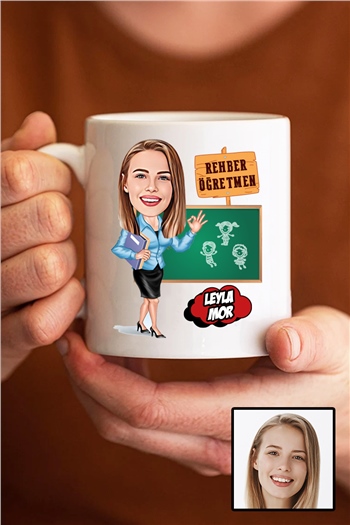 Kadın Rehber Öğretmene Hediye Karikatürlü Beyaz Kupa Bardak