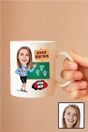 Kadın Rehber Öğretmene Hediye Karikatürlü Beyaz Kupa Bardak