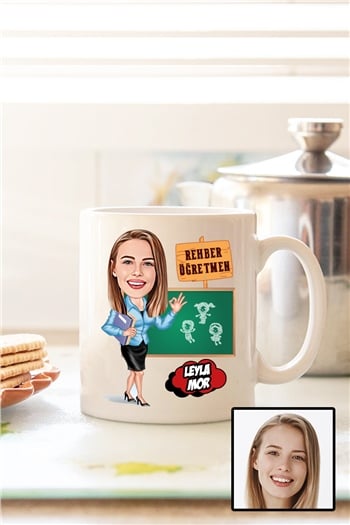 Kadın Rehber Öğretmene Hediye Karikatürlü Beyaz Kupa Bardak