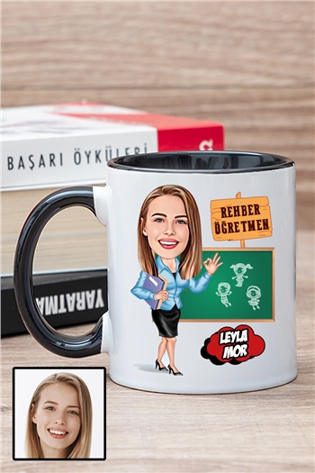 Kadın Rehber Öğretmene Özel Hediye Karikatürlü İçi Renkli Kupa Bardak