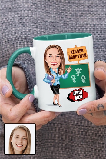 Kadın Rehber Öğretmene Özel Hediye Karikatürlü İçi Renkli Kupa Bardak
