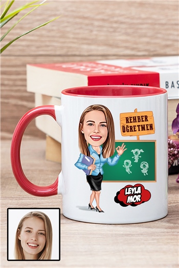 Kadın Rehber Öğretmene Özel Hediye Karikatürlü İçi Renkli Kupa Bardak