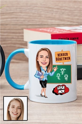 Kadın Rehber Öğretmene Özel Hediye Karikatürlü İçi Renkli Kupa Bardak