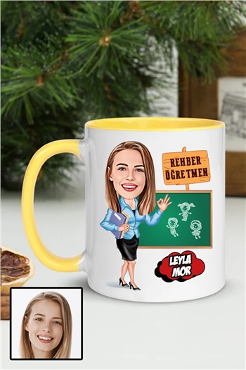 Kadın Rehber Öğretmene Özel Hediye Karikatürlü İçi Renkli Kupa Bardak